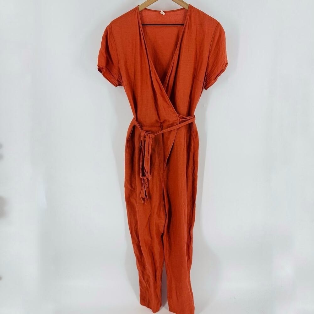 Grae Cove Belted Short‎ Sleeve Jumpsuit Rust Wrap Front Cropped Leg Size XL